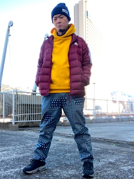 「アイテム（ダウンジャケット/コート、レッド系）」を使った、iadonさん（メンズ・165cm）の冬コーディネート