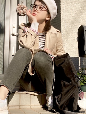 【THOM BROWNE★トムブラウン】ベージュ トレンチコート ストライプ裏地 THOM BROWNEのトレンチコートを使った人気ファッションコーディネート