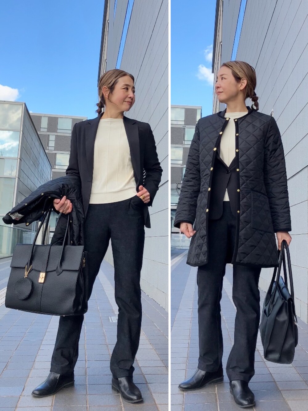 ブラック系のパンツ、ブラック系のその他アウター、ブラック系のスーツセットを着用したレディースの冬コーディネートの1枚目の写真