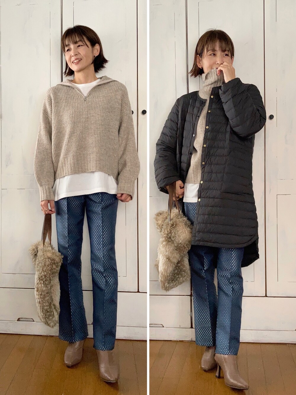 「ハーフジップ、ベージュ、レイヤードスタイル、クリーコンフォルト、crie conforto、ジャガードパンツ、トラディショナルウェザーウエア、Traditional Weatherwear、TWW、ダウンジャケット、ダウンコート、パッカブル、大人カジュアル」｜「ANGIEのハーフジップクロップドニットプルオーバー（ニット/セーター、ベージュ系）」を使った、まゆみんさん（レディース・160cm）の秋コーディネートの1枚目の写真