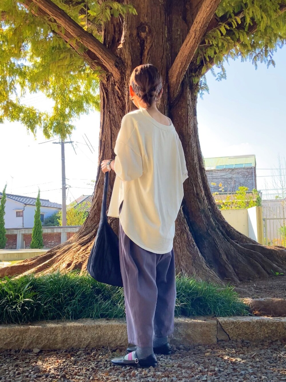 「ソックス、ソックスコーデ、柄ソックス、メリノウール、Sockwell、ペンギンパンツ、サマンサ モスモス(Samansa Mos2)」｜「SockWellの[LD209W]BLANKET TWILL　Ladies  CHARCOAL（ソックス/靴下、グレー系）」を使った、まゆみんさん（レディース・160cm）の秋コーディネートの1枚目の写真