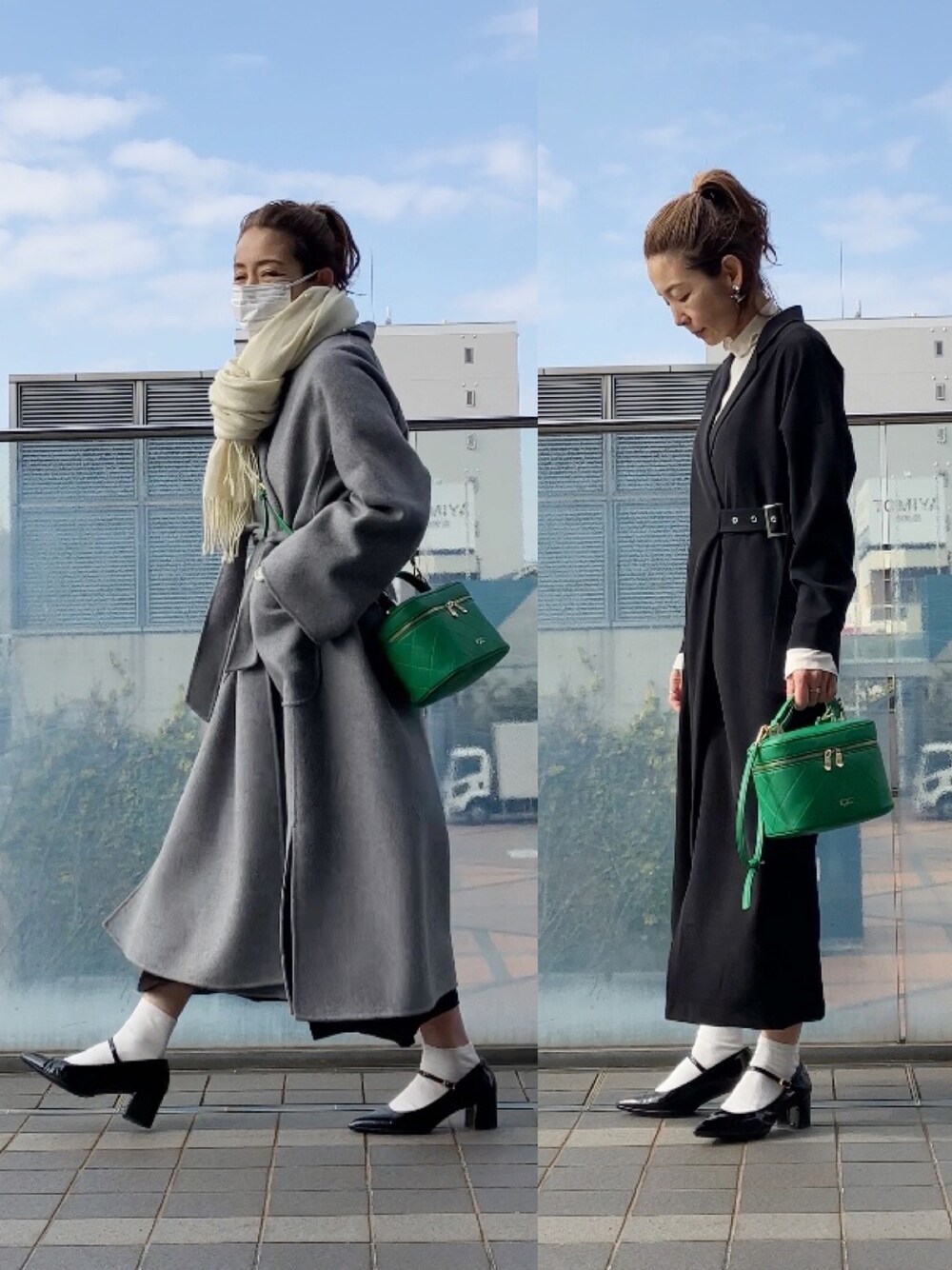 ブラック系のシャツワンピース、ホワイト系のTシャツ/カットソー、グリーン系のショルダーバッグを着用したレディースの冬コーディネートの1枚目の写真