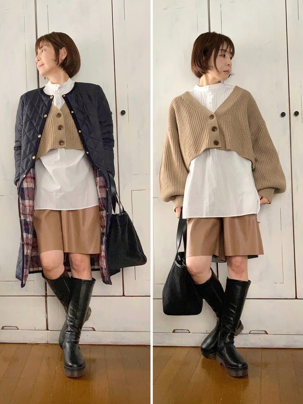 ブルー系のノーカラーコート、ベージュ系のカーディガン/ボレロ、ホワイト系のシャツ/ブラウスを着用したレディースの秋コーディネートの1枚目の写真