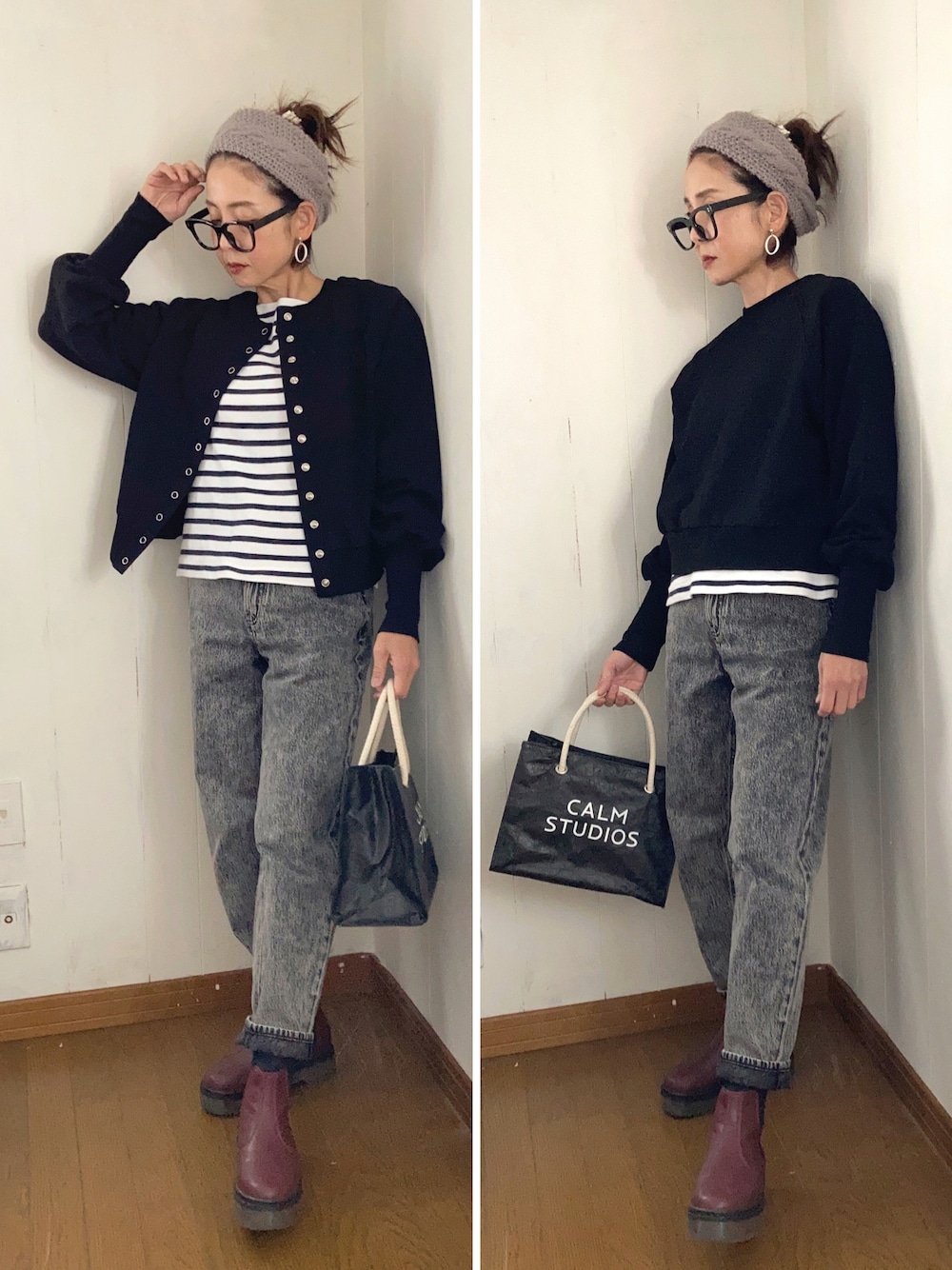 ブラック系のスウェット、ブラック系のトートバッグ、グレー系のデニムパンツを着用したレディースの冬コーディネートの1枚目の写真