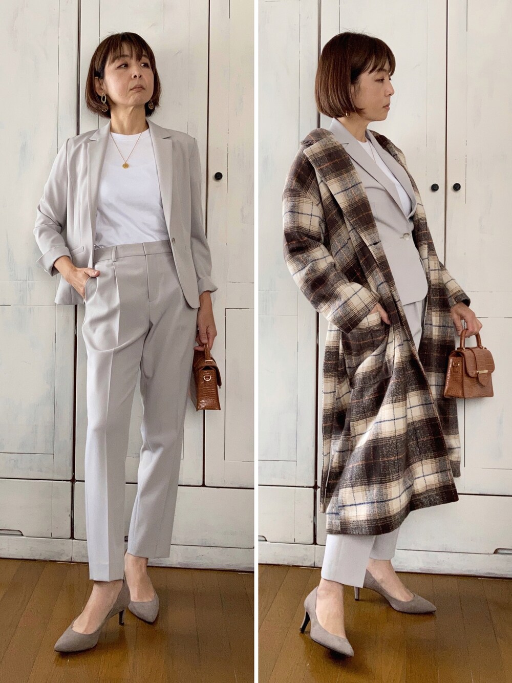 ブラウン系のチェスターコート、ベージュ系のテーラードジャケット、ベージュ系のその他パンツを着用したレディースの冬コーディネートの1枚目の写真