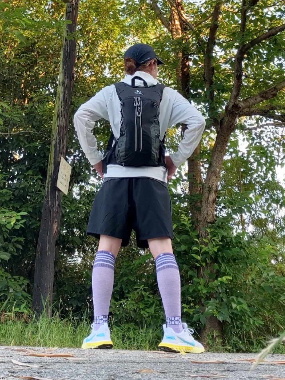 「ランニング、ランニングスタイル、ソックウェル、Sockwell、着圧ソックス、カラーソックス、NIKE、スニーカー、40代ファッション、antiqua、アラフィフ」｜「no brandのアイテム（バックパック/リュック、ブラック系）」を使った、まゆみんさん（レディース・160cm）の夏コーディネートの1枚目の写真