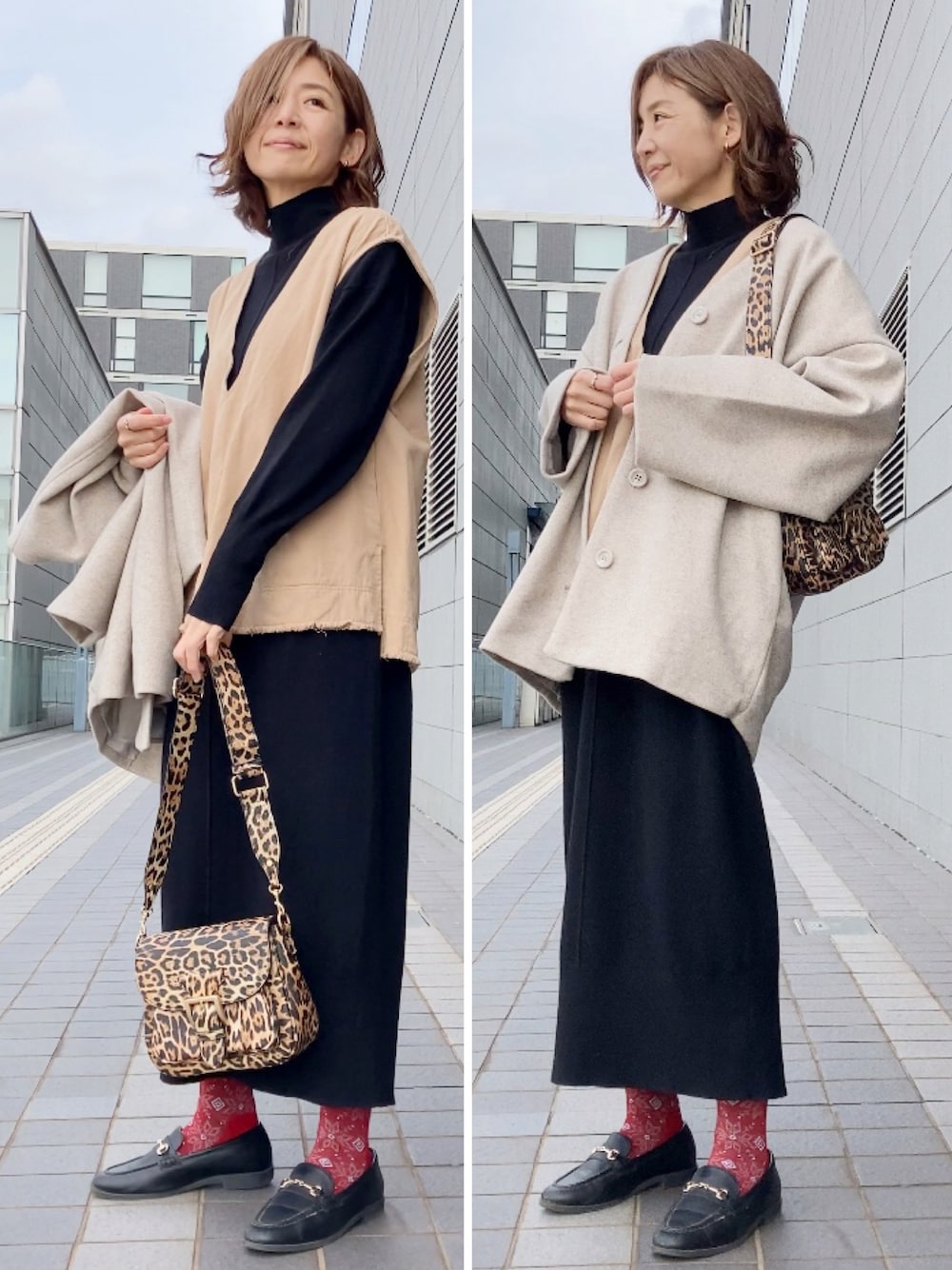 「apretro、ミドル丈、コクーンシルエット、ノーカラーコート、renorm、リノーム、ニットワンピース、Sockwell、ソックウェル、柄ソックス、moussy、柄バッグ、レオパード柄、マウジー、40代ファッション」｜「ap retroのノーカラーVネックミディコート（ノーカラーコート、ベージュ系）」を使った、まゆみんさん（レディース・160cm）の秋コーディネートの1枚目の写真
