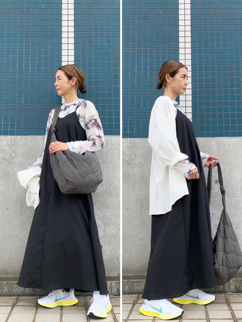 ホワイト系のシャツ/ブラウス、グレー系のその他トップス、ブラック系のワンピース/ドレスを着用したレディースの春コーディネートの1枚目の写真