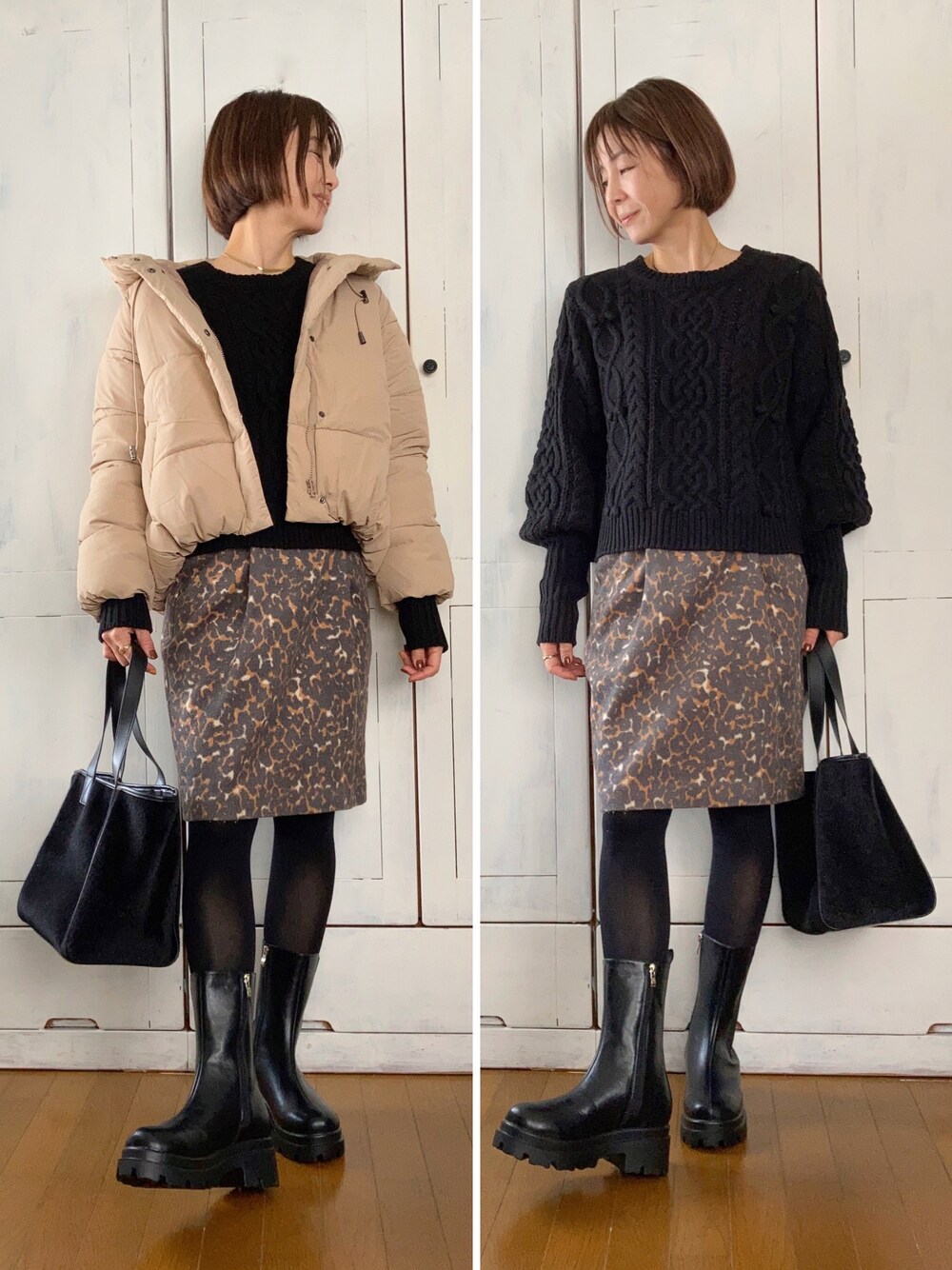 ベージュ系のダウンジャケット/コート、ブラック系のニット/セーター、ブラウン系のスカートを着用したレディースの秋コーディネートの1枚目の写真