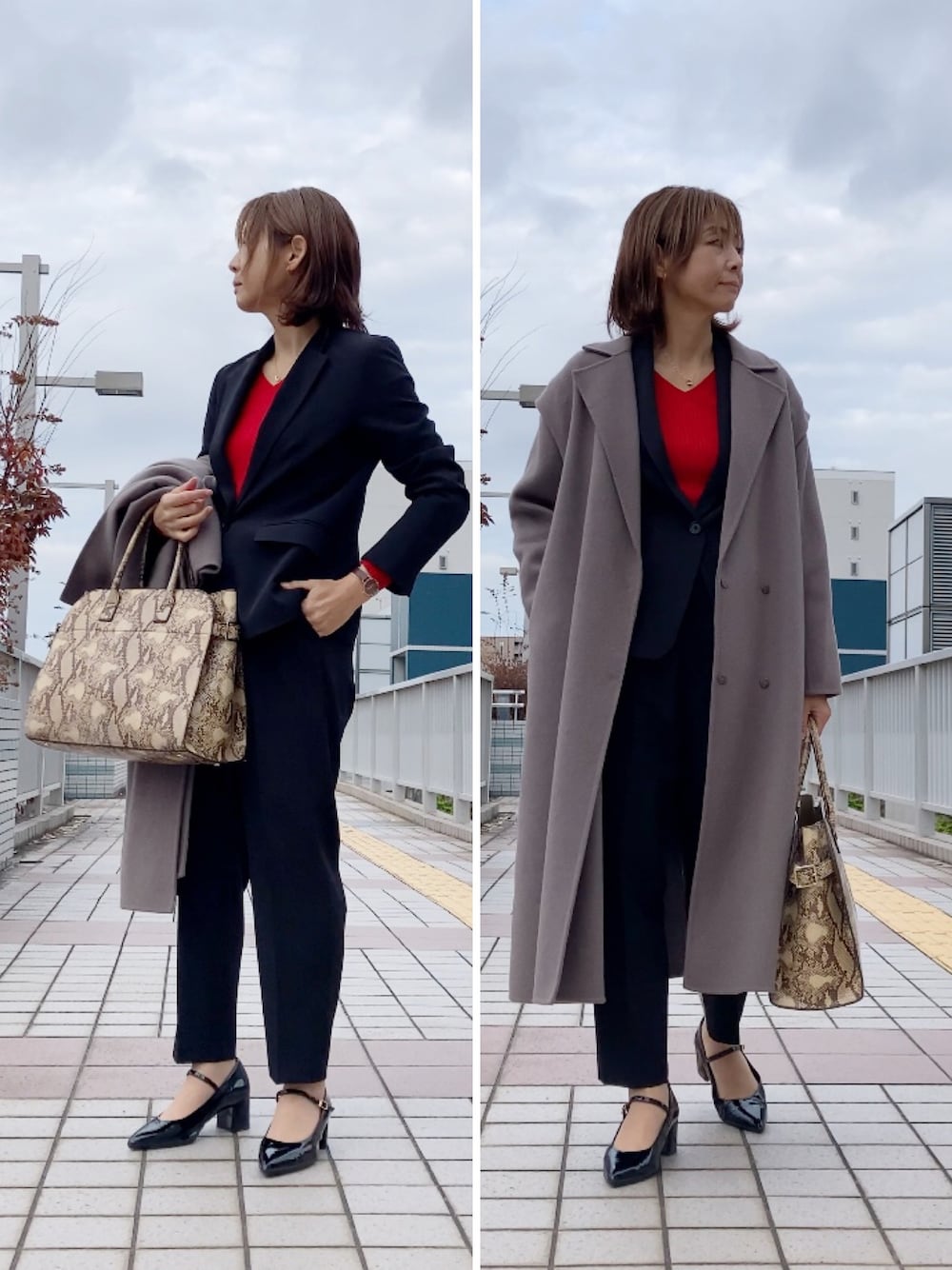 ブラウン系のチェスターコート、ブラック系のスーツセット、ブラック系のシューズを着用したレディースの秋コーディネートの1枚目の写真