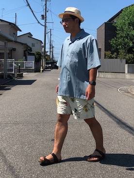 「GU（ジーユー）のアイテム（シャツ/ブラウス、ブルー系）」を使った、kobayasi27さん（メンズ・173cm）の夏コーディネート