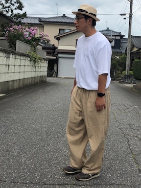 「UNIQLO（ユニクロ）のエアリズムコットンオーバーサイズTシャツ（5分袖）（Tシャツ/カットソー、ホワイト系）」を使った、kobayasi27さん（メンズ・173cm）の夏コーディネート