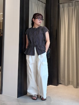 「かぐれ（カグレ）のドットプリントフレンチギャザーブラウス（シャツ/ブラウス、ブラック系）」を使った、ののさん（レディース・160cm）の夏コーディネート