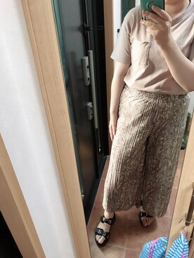 「no brand（ノーブランド）のアイテム（Tシャツ/カットソー、ピンク系）」を使った、yufu💐さん（レディース）の夏コーディネート