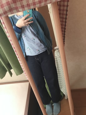 「no brand（ノーブランド）のアイテム（デニムジャケット、ブルー系）」を使った、yufu💐さん（レディース）の秋コーディネート