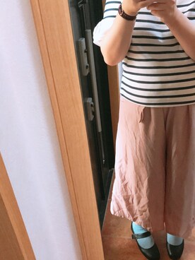 「no brand（ノーブランド）のアイテム（Tシャツ/カットソー、ホワイト系）」を使った、yufu💐さん（レディース）の夏コーディネート
