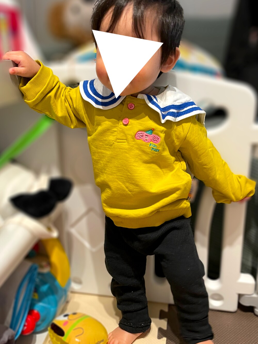 「むすこーで、レギンス、秋のコーデ、韓国こども服、キッズコーデ、秋カラー、マスタードイエロー、1歳、1歳1ヶ月、ベビーコーデ、男の子ベビー、PIMPOLLO、バースデイ、ビッグカラー、セーラーカラー」｜「PIMPOLLOのアイテム（スウェット、イエロー系）」を使った、𝚖𝚒𝚣𝚞☻︎　  さん（キッズ・70cm）の秋コーディネートの1枚目の写真
