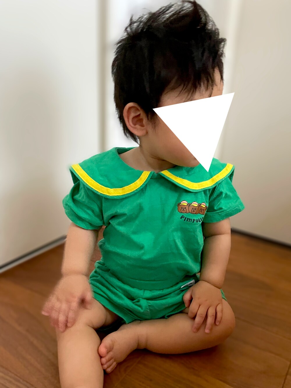 「夏コーデ、男の子コーデ、韓国子供服、グリーン、おとこのこ、キッズファッション、保育園、保育園コーデ、ピンポヨ、セットアップ、ベビーコーデ、０歳、生後11ヶ月、男の子ベビー、原色」｜「PIMPOLLOのアイテム（Tシャツ/カットソー、グリーン系）」を使った、𝚖𝚒𝚣𝚞☻︎　  さん（キッズ・70cm）の夏コーディネートの1枚目の写真