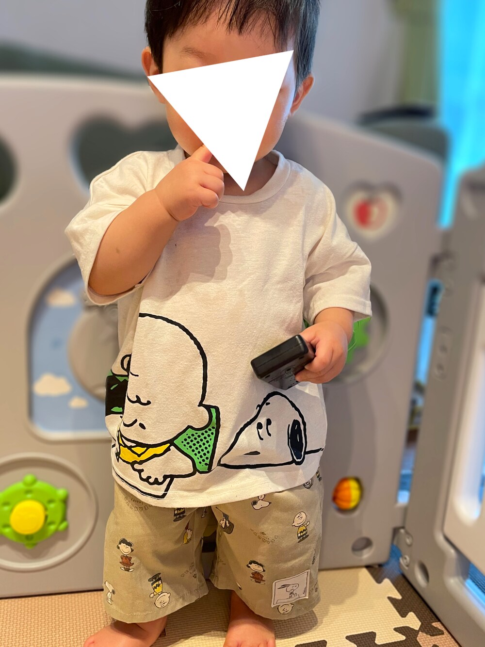「キッズファッション、プチプラ、プリントT、男の子コーデ、０歳、ベビーコーデ、生後11ヶ月、スヌーピー コーデ、西松屋、PEANUTS、白Tシャツ、男の子ベビー、保育園、保育園コーデ、ビッグシルエット」｜「西松屋のアイテム（Tシャツ/カットソー、ホワイト系）」を使った、𝚖𝚒𝚣𝚞☻︎　  さん（キッズ・70cm）の夏コーディネートの1枚目の写真