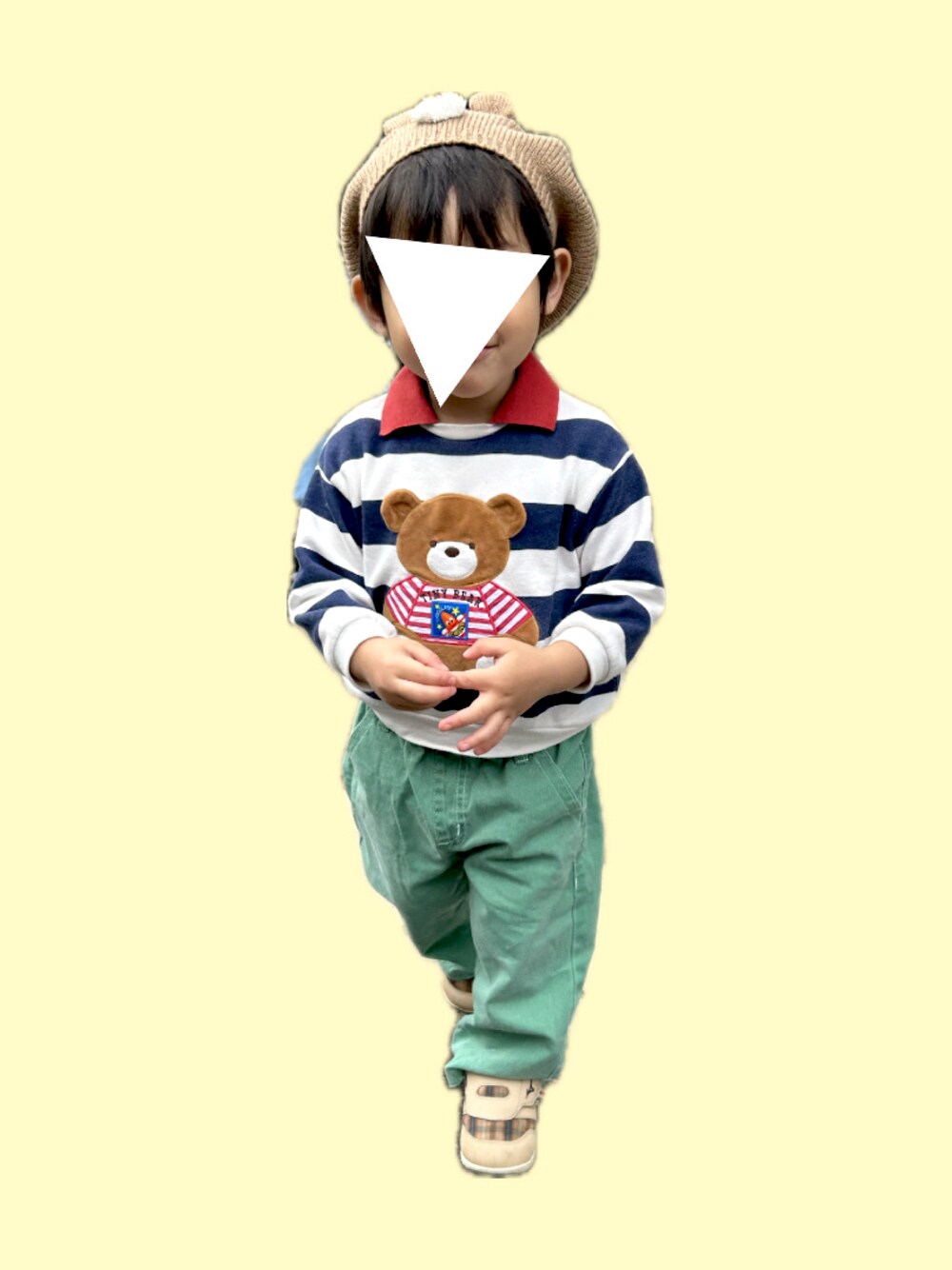 「むすこーで、保育園コーデ、おとこのこ、ボーダー、男の子コーデ、男の子、キッズコーデ、キッズファッション、保育園、3歳、3歳3ヶ月、3歳男の子、アプレレクール、くまさんコーデ、ベレー帽」｜「西松屋のアイテム（ハンチング/ベレー帽、ブラウン系）」を使った、𝚖𝚒𝚣𝚞☻︎　  さん（キッズ・90cm）の冬コーディネートの1枚目の写真