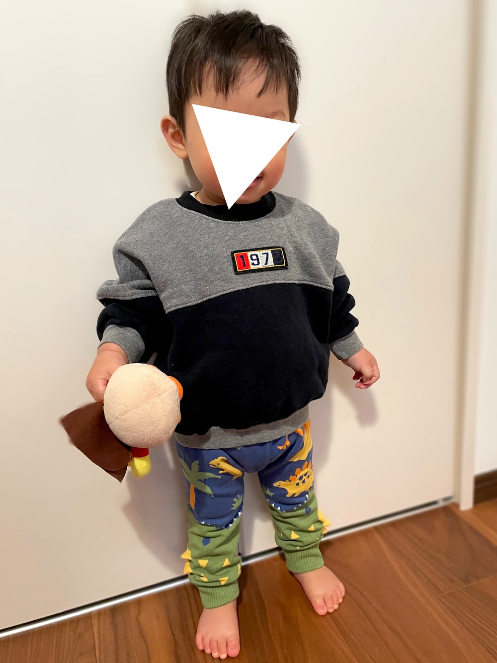 「カジュアルコーデ、男の子コーデ、レギンス、一歳、一歳男の子、1歳、1歳2ヶ月、男の子ベビー、ベビーコーデ、保育園コーデ、保育園、moujonjon、西松屋、恐竜、おさがり」｜「Moujonjonのアイテム（スウェット、ブラック系）」を使った、𝚖𝚒𝚣𝚞☻︎　  さん（キッズ・70cm）の秋コーディネートの1枚目の写真