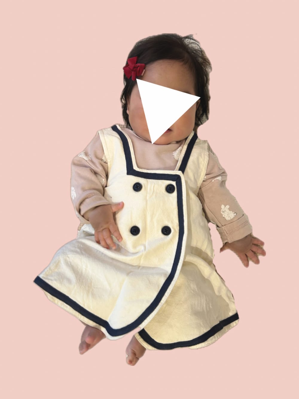 「ベビーコーデ、女の子コーデ、ベビーファッション、ベビー、ベビー服、プチプラ、プチプラコーデ、女の子、０歳、7ヶ月、女の子ベビー、むすめ服、バースデイ、ジャンパースカート、アカチャンホンポ」｜「Birthdayのアイテム（ジャンパースカート、ホワイト系）」を使った、𝚖𝚒𝚣𝚞☻︎　  さん（キッズ・60cm）の春コーディネートの1枚目の写真