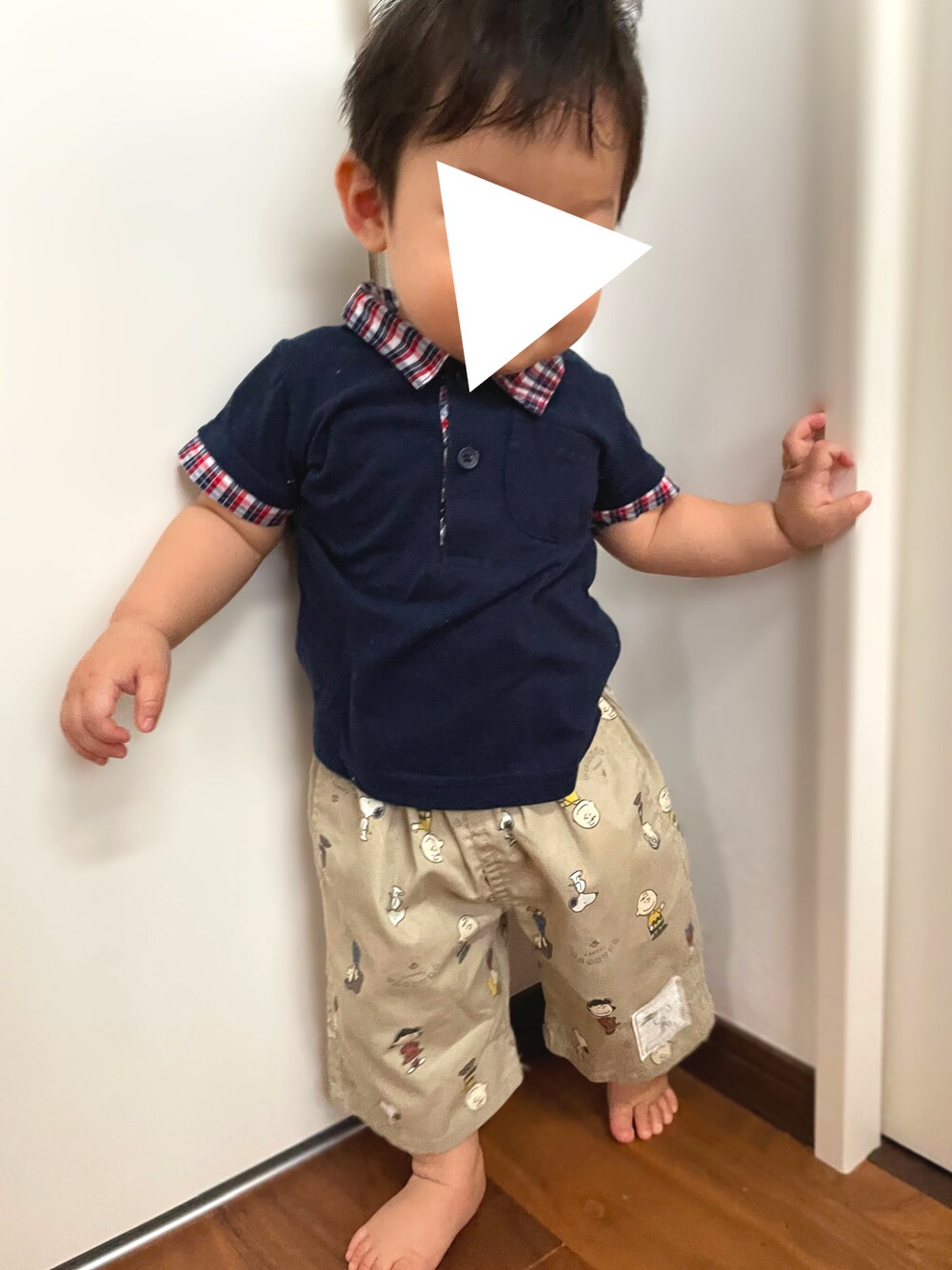 「ベビーコーデ、おとこのこ、プチプラコーデ、ポロシャツ、男の子ベビー、西松屋、PEANUTS、スヌーピー、1歳、1歳0ヶ月」｜「西松屋のアイテム（ポロシャツ、ブルー系）」を使った、𝚖𝚒𝚣𝚞☻︎　  さん（キッズ・70cm）の秋コーディネートの1枚目の写真
