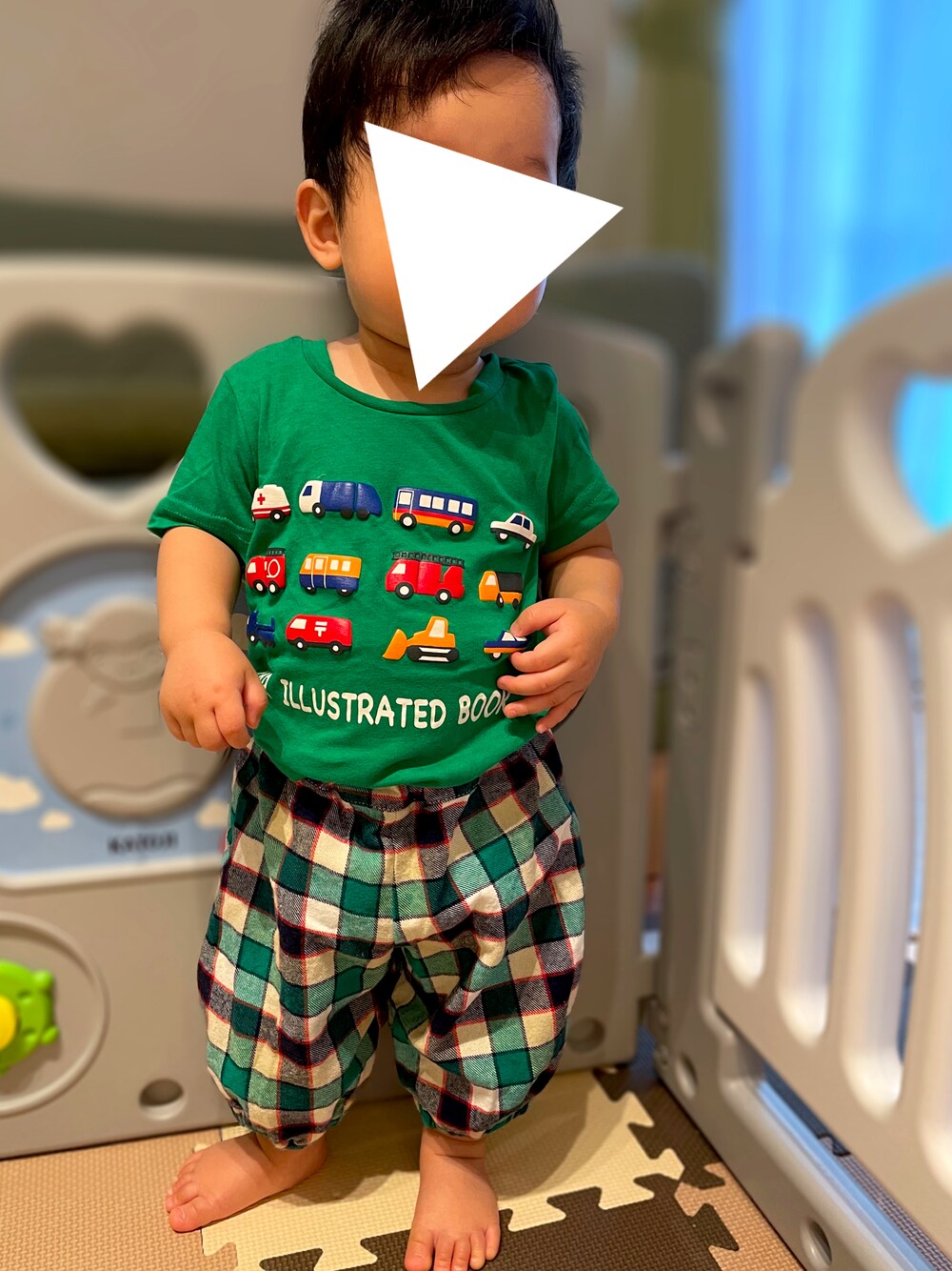 「チェック、保育園コーデ、クレードスコープ、ベビーコーデ、赤ちゃんコーデ、おとこのこ、西松屋、1歳、1歳0ヶ月、保育園、チェックパンツ、グリーンコーデ、男の子ベビー、はたらくくるま、古着」｜「西松屋のアイテム（Tシャツ/カットソー、グリーン系）」を使った、𝚖𝚒𝚣𝚞☻︎　  さん（キッズ・70cm）の秋コーディネートの1枚目の写真