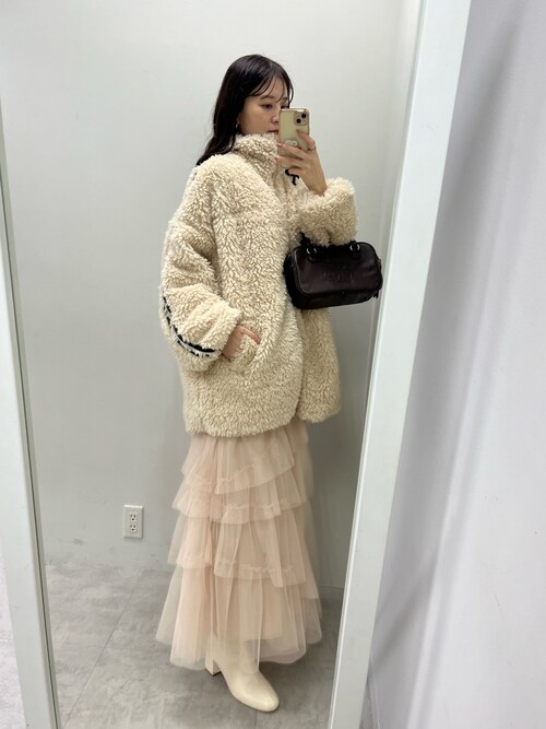 ナイスクラップ サイドラインリボンボアブルゾン ベージュ NICE CLAUP 