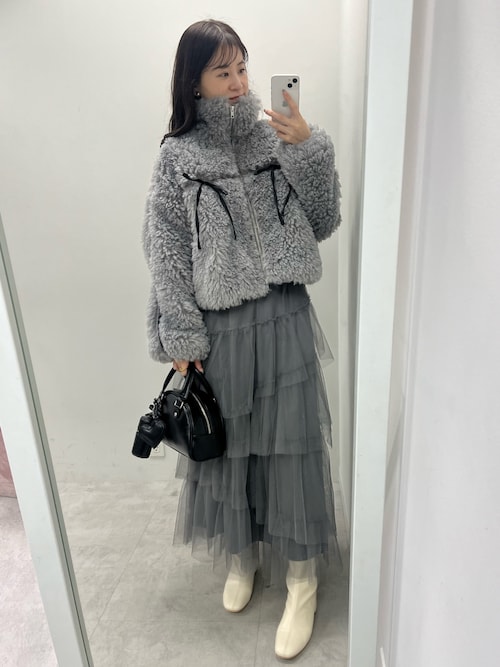 NICE CLAUP ボアリボンショートジャケット グレー one after another