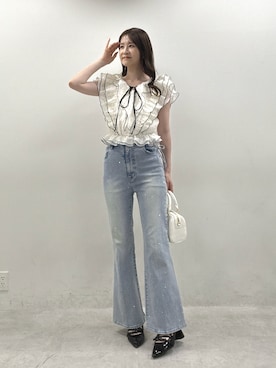 「one after another NICE CLAUP（ワンアフターアナザーナイスクラップ）のホルターネックフリルブラウス（Shirts、ホワイト系）」を使った、Megumi❤︎さん（レディース・165cm）の夏コーディネート