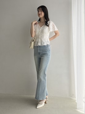 「one after another NICE CLAUP（ワンアフターアナザーナイスクラップ）の【S/Mサイズ展開】リボンデニムパンツ（Denim pants、ブルー系）」を使った、Megumi❤︎さん（レディース・165cm）の春コーディネート