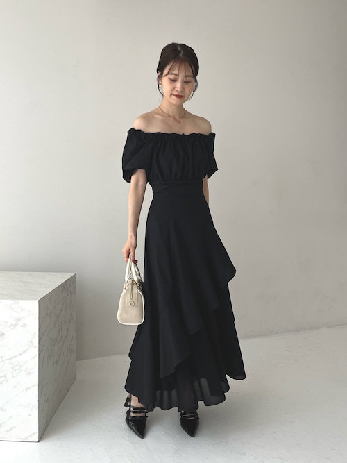 NICE NICECLAUP イレヘムティアードロングワンピース　黒 Black collection】イレヘムティアードロングワンピース | one