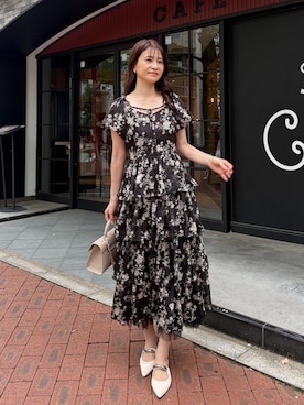 「one after another NICE CLAUP（ワンアフターアナザーナイスクラップ）の【Black Ribbon Collection】バックリボンティアーワンピース（One piece dress、ブラック系）」を使った、Megumi❤︎さん（レディース・165cm）の春コーディネート