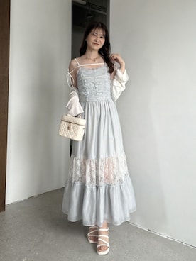 「one after another NICE CLAUP（ワンアフターアナザーナイスクラップ）の配色リボンレース切り替えロングキャミワンピース（One piece dress、ブルー系）」を使った、Megumi❤︎さん（レディース・165cm）の夏コーディネート