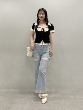 「one after another NICE CLAUP(ワンアフターアナザーナイスクラップ)のシャツドッキングケーブルニット(ニット/セーター、ブラック系)」を使った、Megumi❤︎さん(レディース・165cm)の夏コーディネート