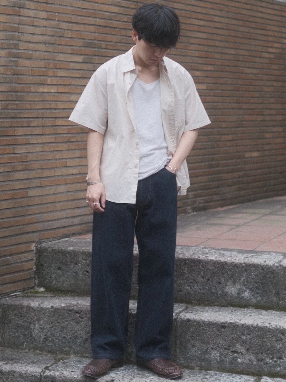 「shiunのHICOUNT WASHER S/S SHIRT（シャツ/ブラウス、ホワイト系）」を使った、わむう_wamuさん（メンズ・164cm）の夏コーディネートの1枚目の写真