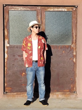 「schott（ショット）のSchott/ショット/HAWAIIAN SHIRT PLANET/ハワイアンシャツ プラネット（シャツ/ブラウス）」を使った、snkn0928さん（メンズ・173cm）の夏コーディネート