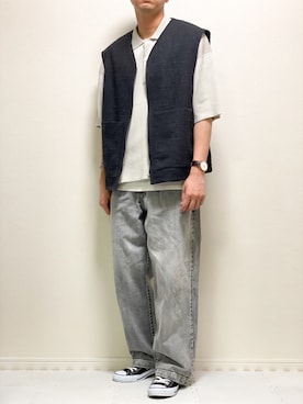 「アイテム（ポロシャツ、ホワイト系）」を使った、kazuさん（メンズ・173cm）の夏コーディネート