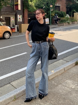 「AMELY（エミリー）のストレートデニムパンツ（デニムパンツ）」を使った、miwoさん（レディース・154cm）の夏コーディネート