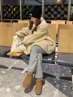 「アイテム（ニットキャップ/ビーニー）」を使った、miwoさん（レディース・154cm）の冬コーディネート