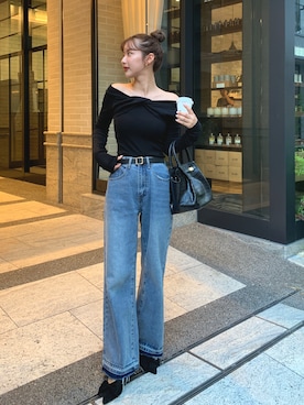 「AMELY（エミリー）のストレートデニムパンツ（デニムパンツ）」を使った、miwoさん（レディース・154cm）の夏コーディネート