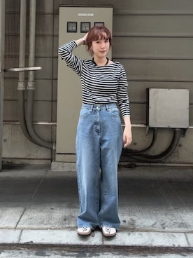 「URBAN RESEARCH（アーバンリサーチ）の『別注』LE MINOR×URBAN RESEARCH　ボーダーカットソー（Tシャツ/カットソー、ブラック系）」を使った、夏海さん（レディース・153cm）の夏コーディネート