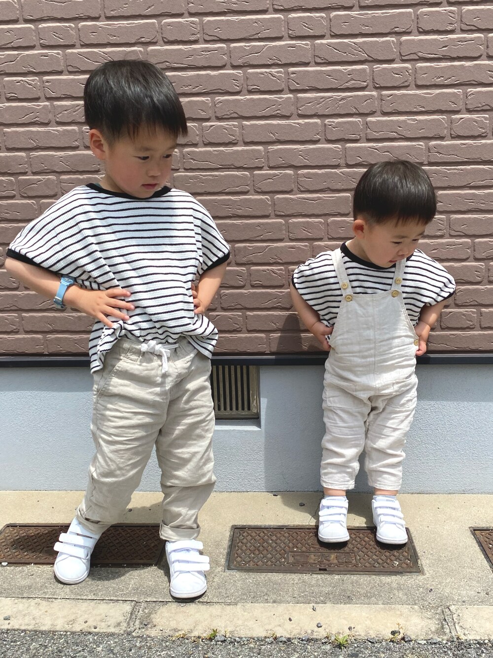 「ボーダー、リネン、こどもの日、リンクコーデ、キッズコーデ、兄弟コーディネート」｜「pairmanonの【ふんわりワッフル】選べるデザイン セットアップ（セットアップ、ホワイト系）」を使った、tai_tenさん（キッズ・100cm）の春コーディネートの1枚目の写真