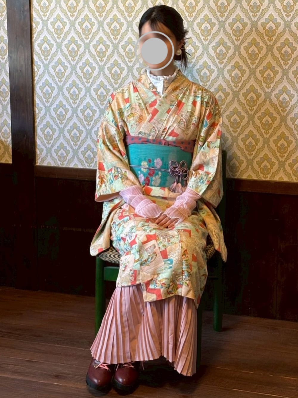 「着物、撫子、ショートブーツ、和洋ミックス、着物レンタル、志賀屋呉服店」｜「YOSUKEのyosuke / レースアップショートブーツ（ブーツ、レッド系）」を使った、na nさん（骨格ナチュラル・レディース・165cm）の春コーディネートの1枚目の写真