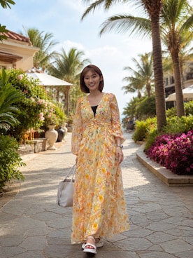 「SHEINのアイテム（ワンピース/ドレス、イエロー系）」を使った、織田千穂さん（レディース・166cm）の夏コーディネート