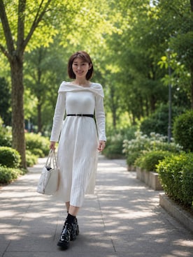 「DAZYのアイテム（ワンピース/ドレス、ホワイト系）」を使った、織田千穂さん（レディース・166cm）の春コーディネート