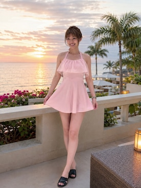 「SHEINのアイテム（水着、ピンク系）」を使った、織田千穂さん（レディース・166cm）の夏コーディネート