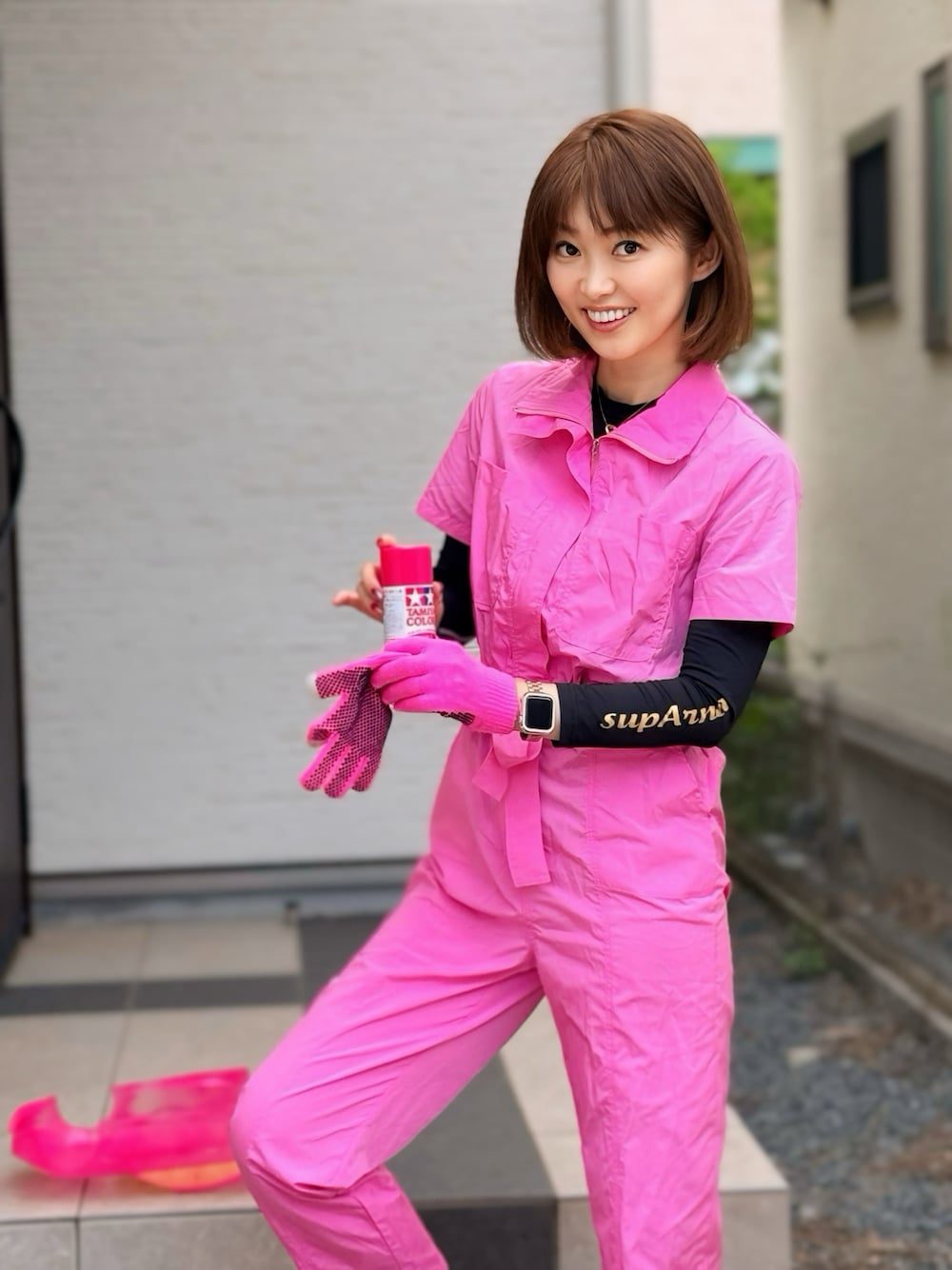 「夏コーデ、タミヤ、タミヤスタイル、TAMIYA、ジャンプスーツ、作業着、作業着コーデ、作業着風、ラジコン、プチプラ、プチプラコーデ、フォローミー、フォローお願いします、followme、follow」｜「SHEINのアイテム（つなぎ/オールインワン、ピンク系）」を使った、織田千穂さん（レディース・165cm）の夏コーディネートの1枚目の写真