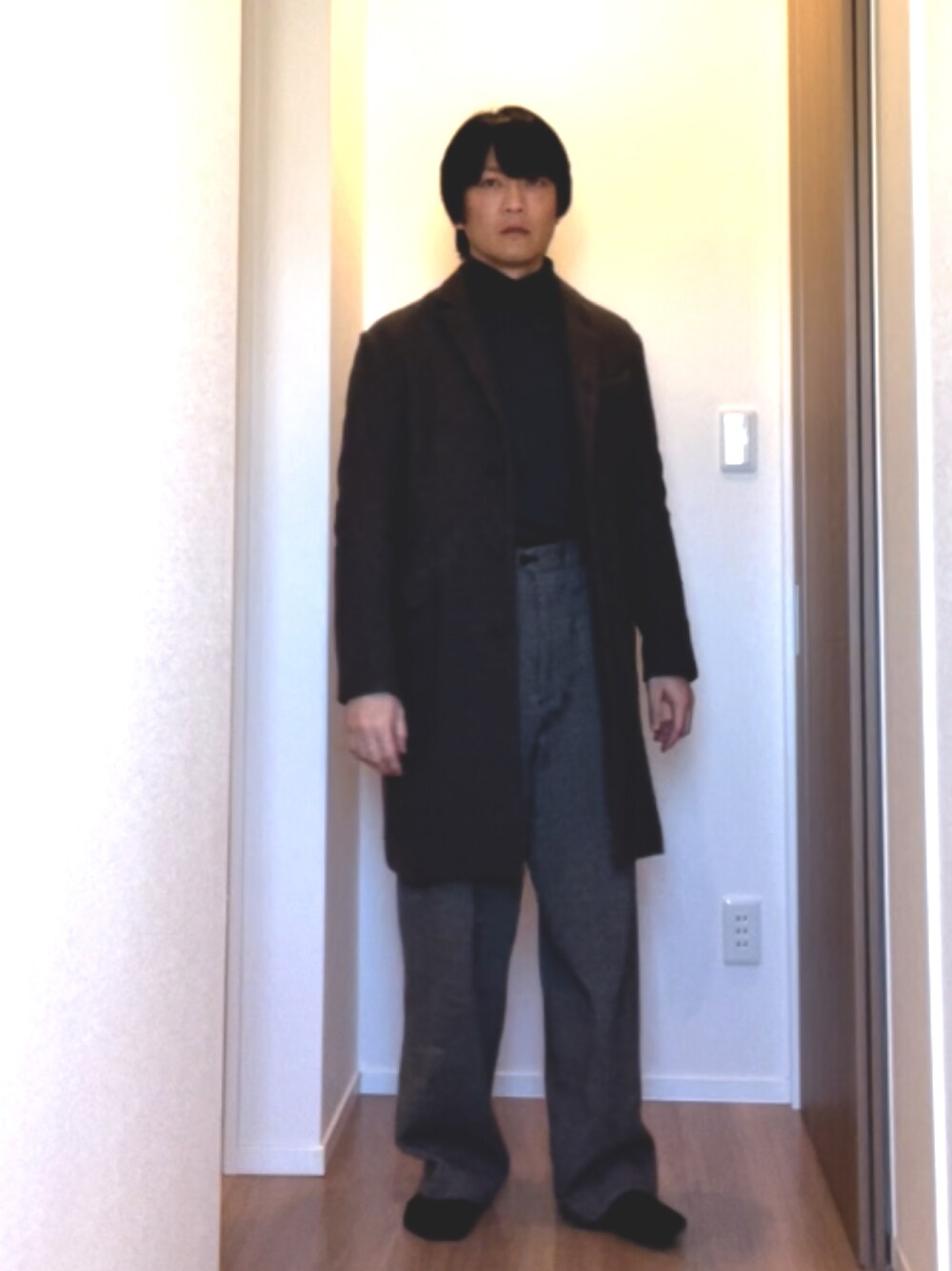 「あけましておめでとうございます！、おしゃれさんと繋がりたい、オトナカジュアル、417 EDIFICE、EDIFICE、ULTERIOR、メランジ、ツイード、タートルネック、へリンボーン、休日スタイル、相互フォロー」｜「417 EDIFICEのアイテム（チェスターコート、ブラウン系）」を使った、YOSHIMAさん（メンズ・169cm）の冬コーディネートの1枚目の写真